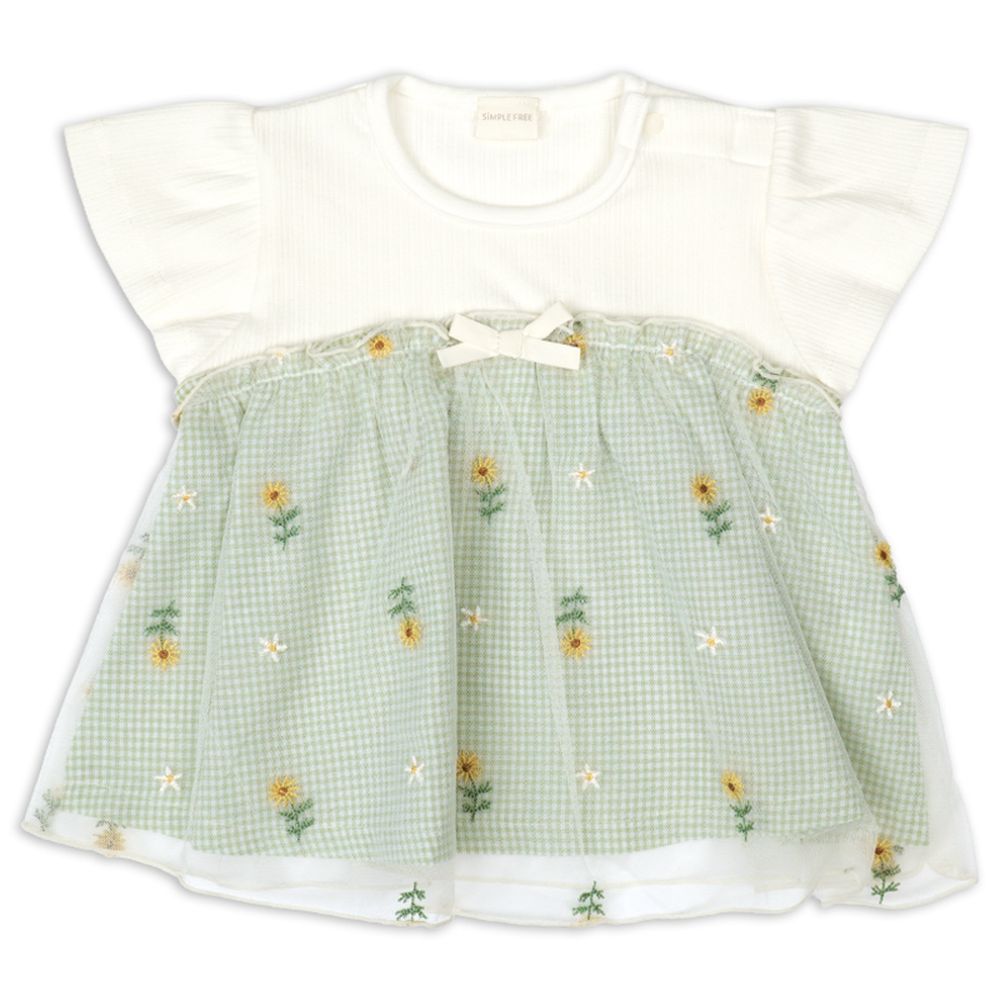 短袖T恤-薄紗拼接-綠色