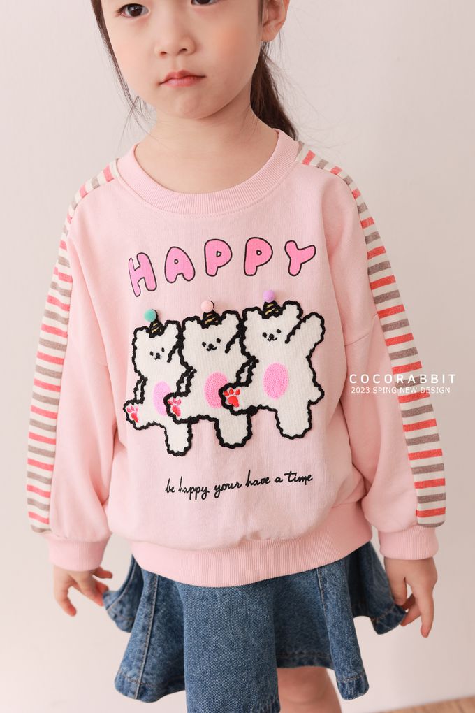 韓國 Coco rabbit - 跳舞小熊橫紋配色長袖上衣-天空藍