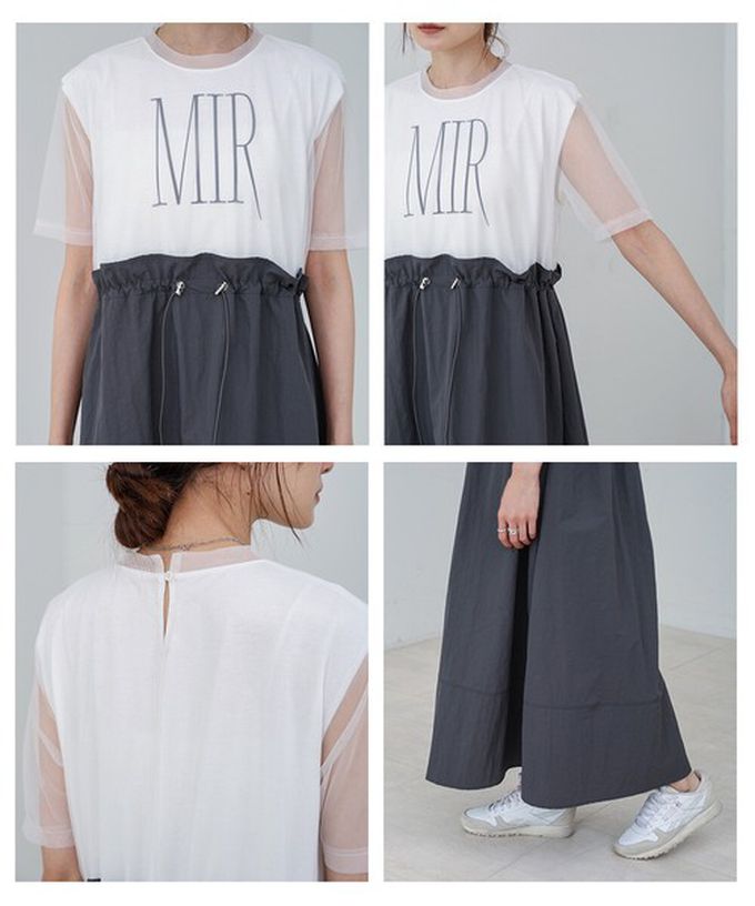 日本 Bab - 拼接層次感抽繩薄紗短袖洋裝-白x炭灰