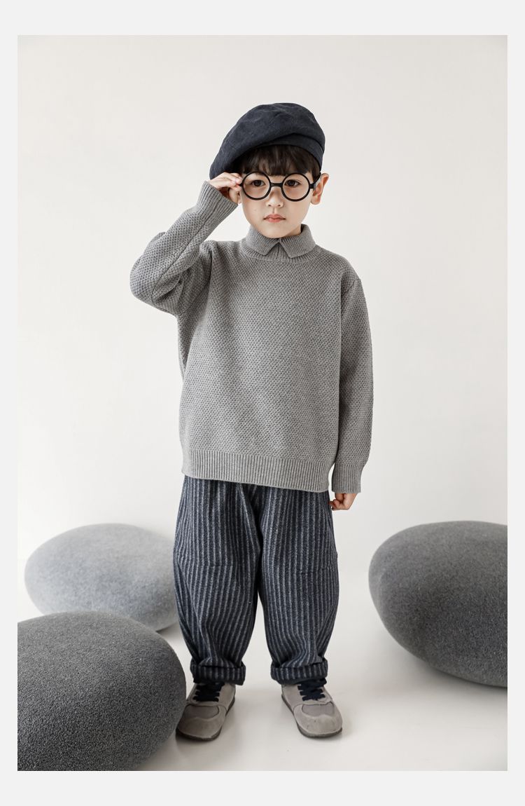 TONGMO - (加絨)小紳士腰鬆緊休閒條紋寬褲-黑+灰