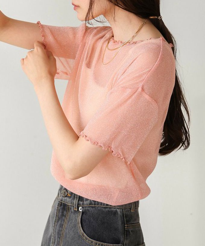 日本 Bab - 華麗微亮透明木耳短袖上衣-(無內裡)-粉紅