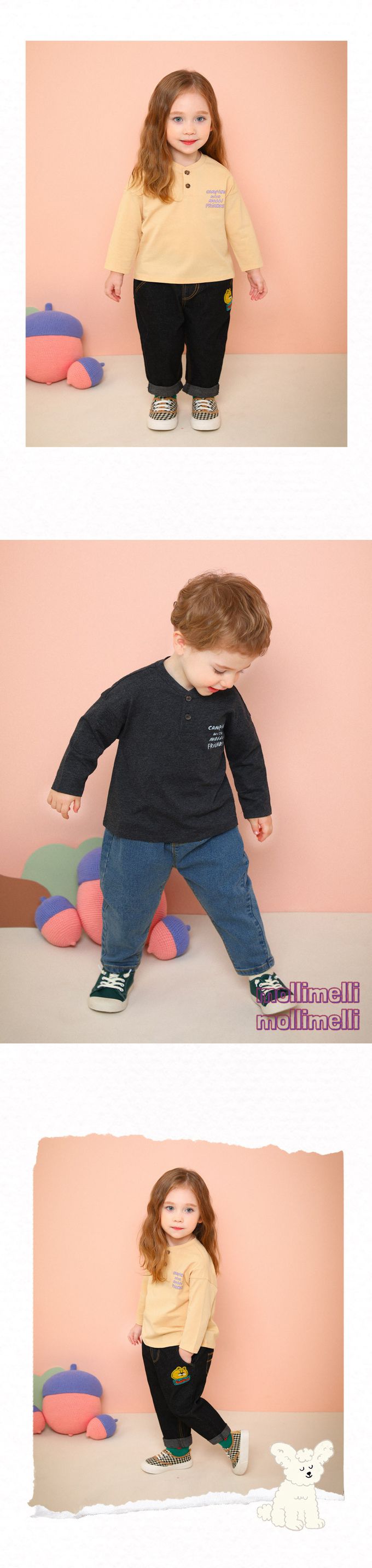 韓國 mollimelli - 文字點綴圓領鈕扣長袖上衣-深灰