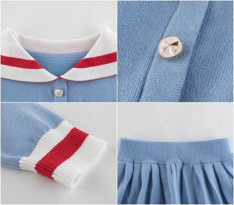 長袖針織套裝-學院風-藍色