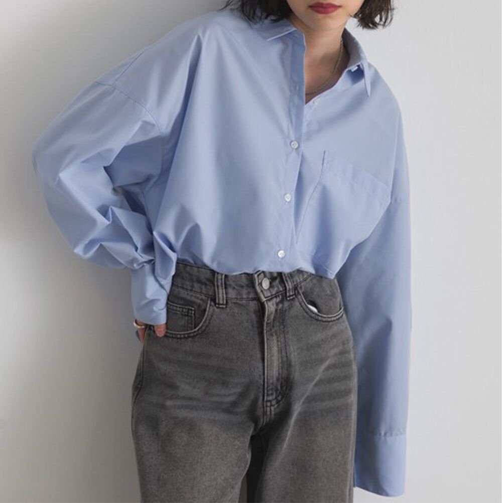 男友風寬鬆率性感長袖襯衫-水藍