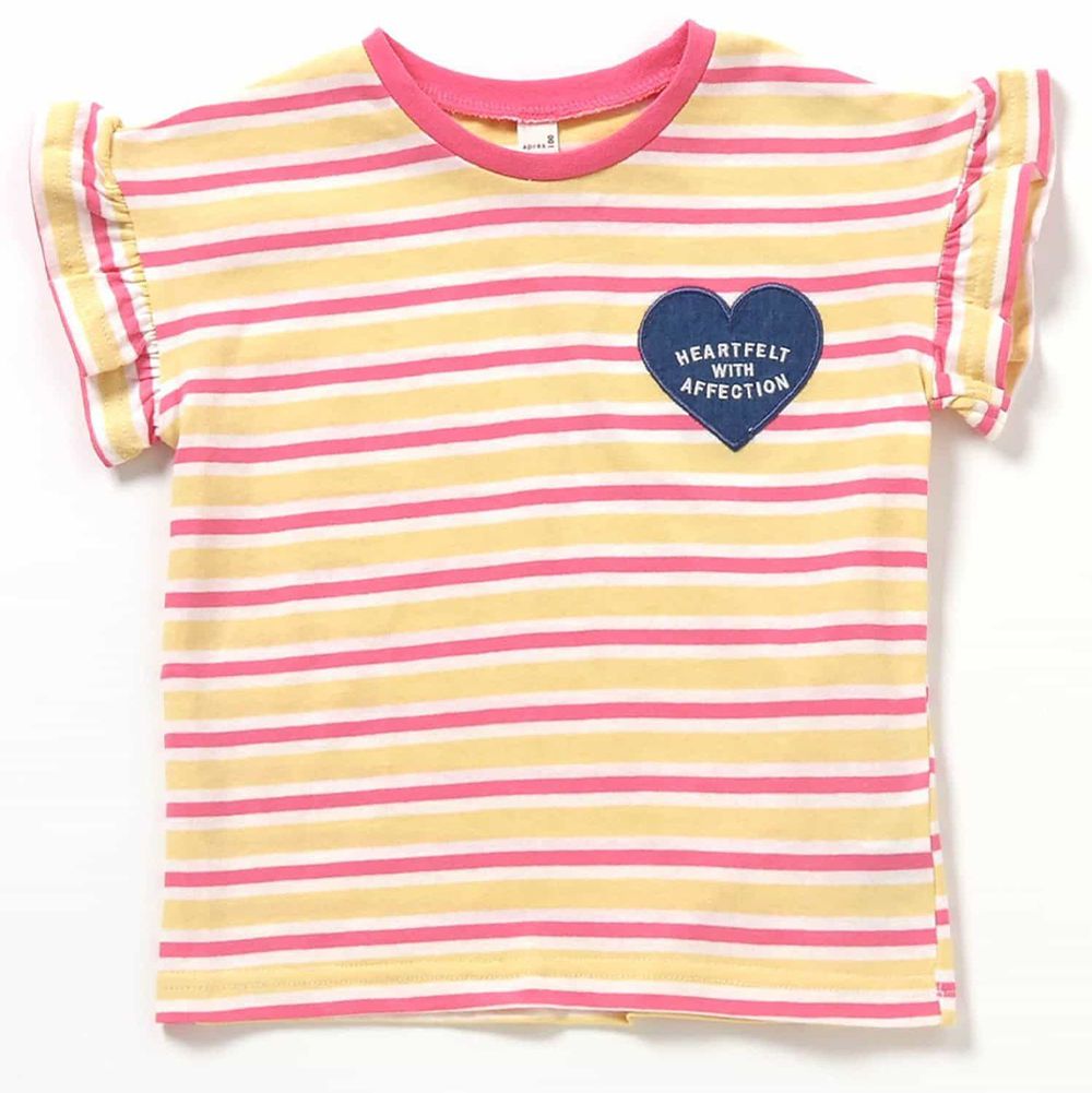 荷葉摺邊女孩短袖上衣-條紋-粉x黃