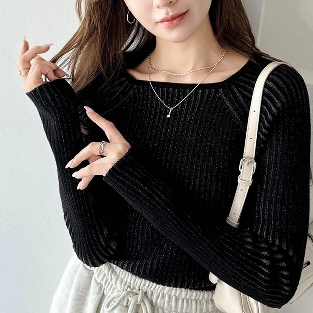 優雅羅紋合身針織長袖上衣-黑
