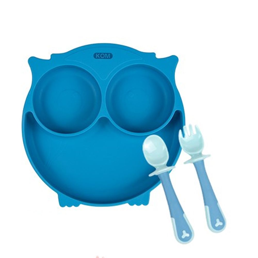 KOM - 矽膠兒童防滑餐盤+學握匙(一入組)-貓頭鷹(無蓋)-藍