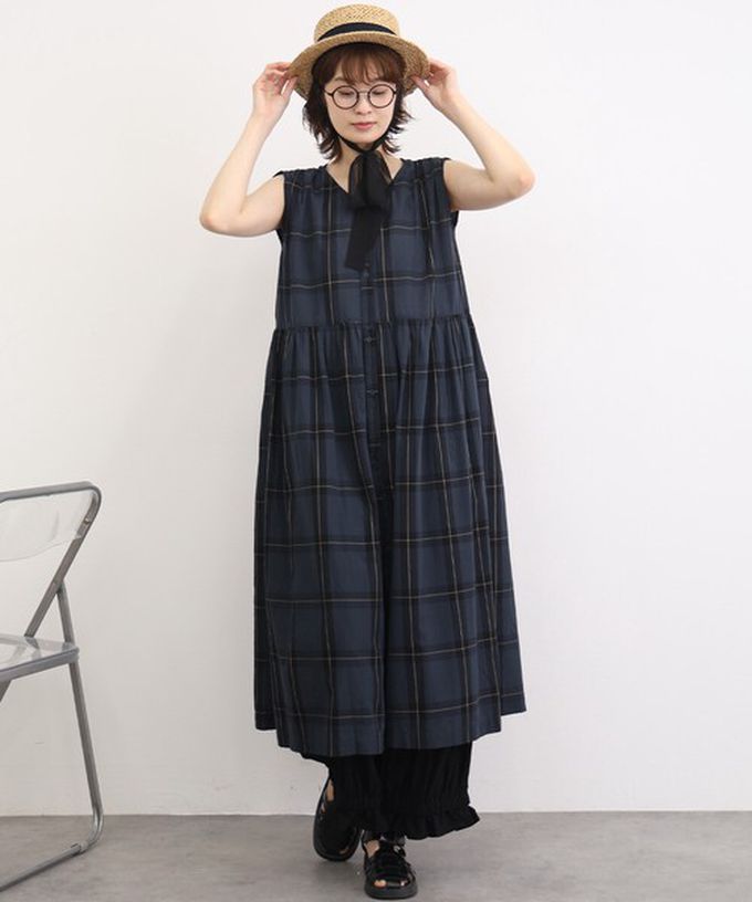 日本 Lupilien - 100%印度棉 清爽格紋開襟無袖洋裝-桃紅