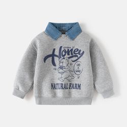 WELLKIDS - 可拆式翻領棉質長袖上衣/大學T-HONEY熊-灰色