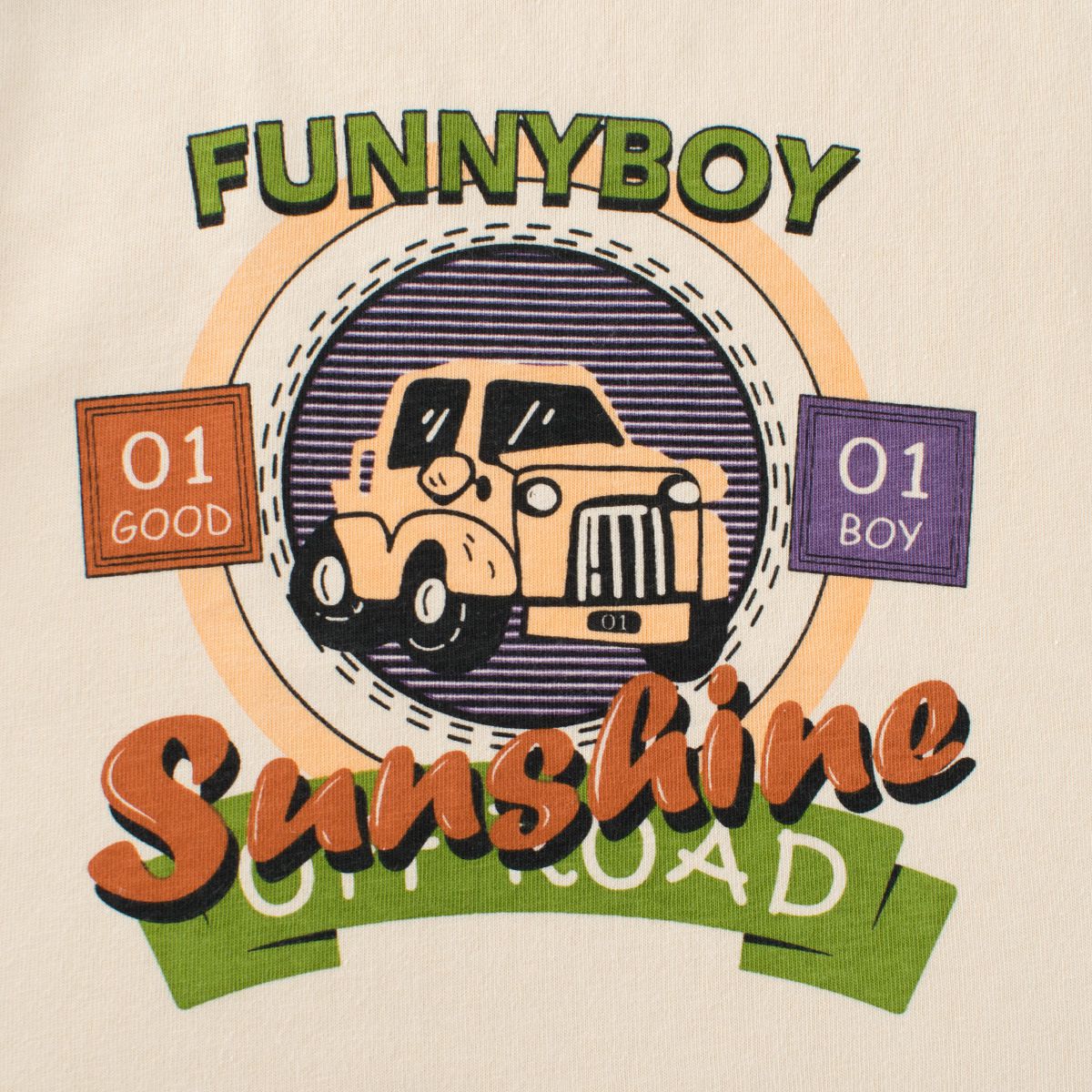 純棉圓領薄長袖上衣-復古車車-杏+灰