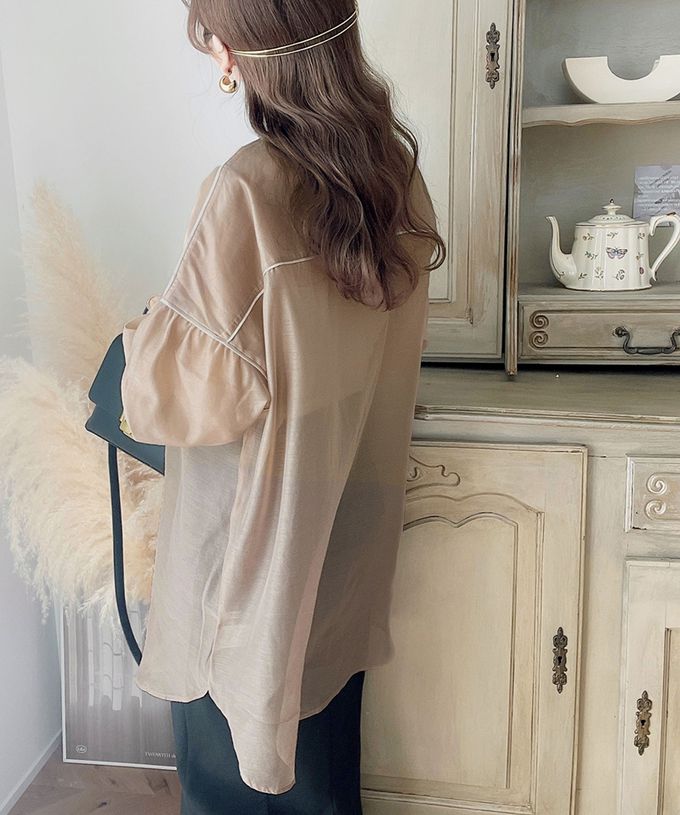 日本 Classical Elf - 優雅滾邊透膚感長袖襯衫-咖啡