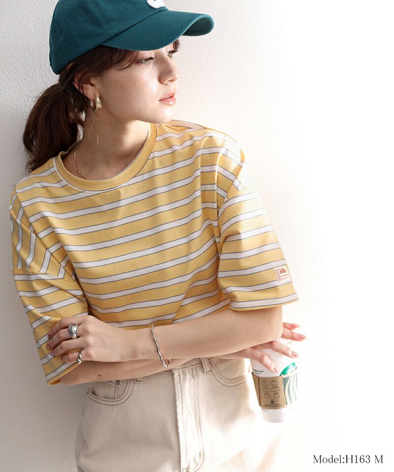 日本 Classical Elf - 圓領橫條紋落肩短袖上衣-淺卡其