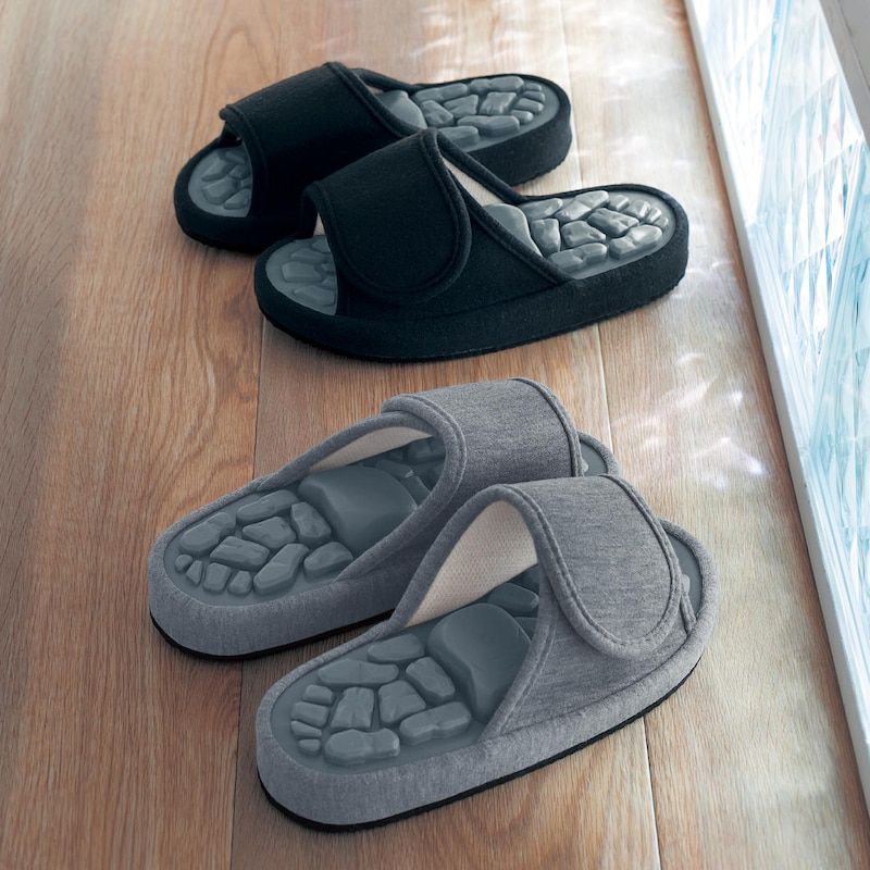 日本千趣會 - 硬式足底按摩室內拖鞋-岩石造型-深灰