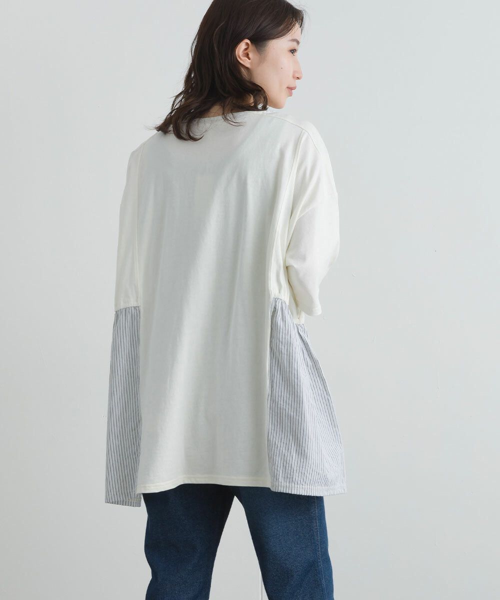 日本女裝代購 - 16支天竺棉拼接五分袖上衣-米白