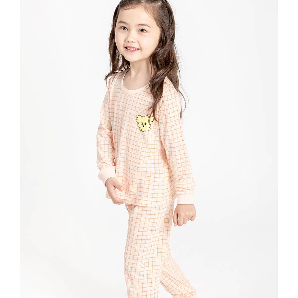 韓製輕柔莫代爾混棉薄長袖家居服-格紋捲毛狗-淺珊瑚橘