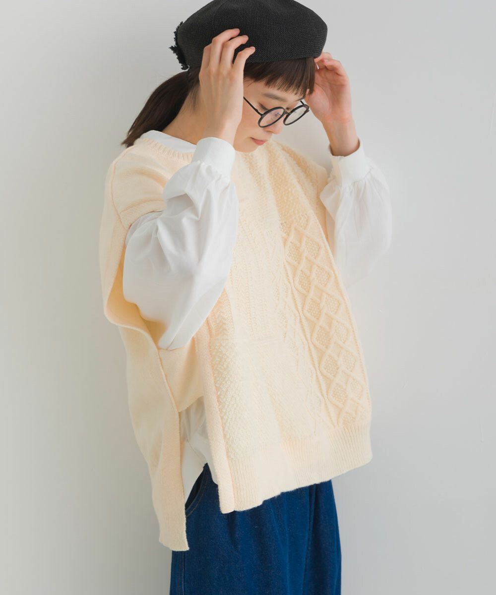 日本女裝代購 - 圓領編織紋拼接針織背心-咖啡