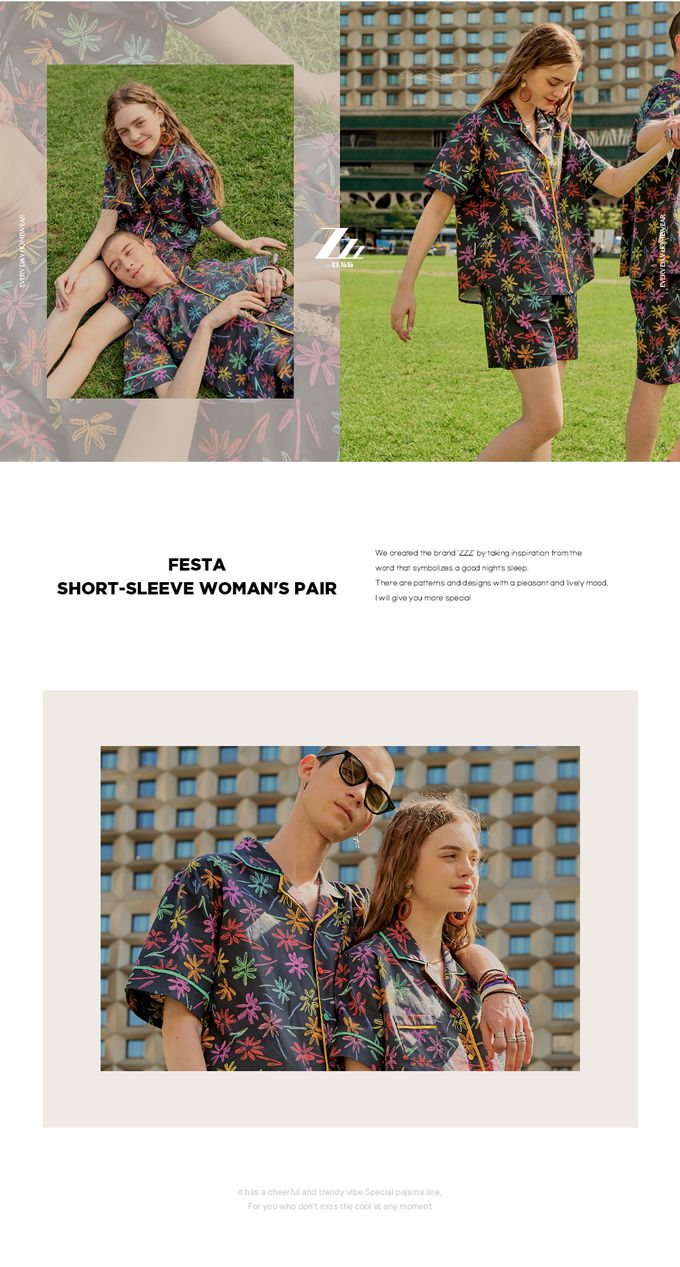 韓國 ULLALA - (情侶款)彩繪花口袋短袖睡衣套裝-女款-藍黑 (FREE)