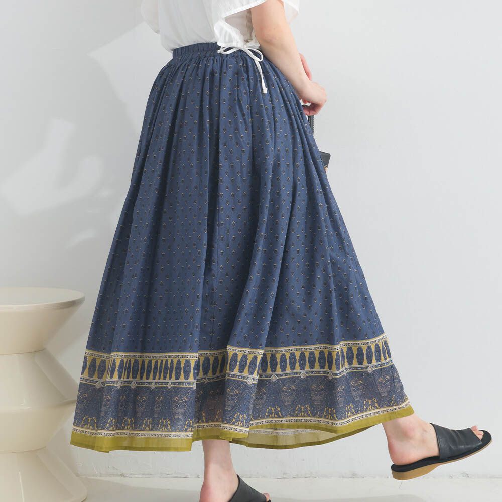 100%印度棉 清新印花柔軟長裙-圖騰-深藍