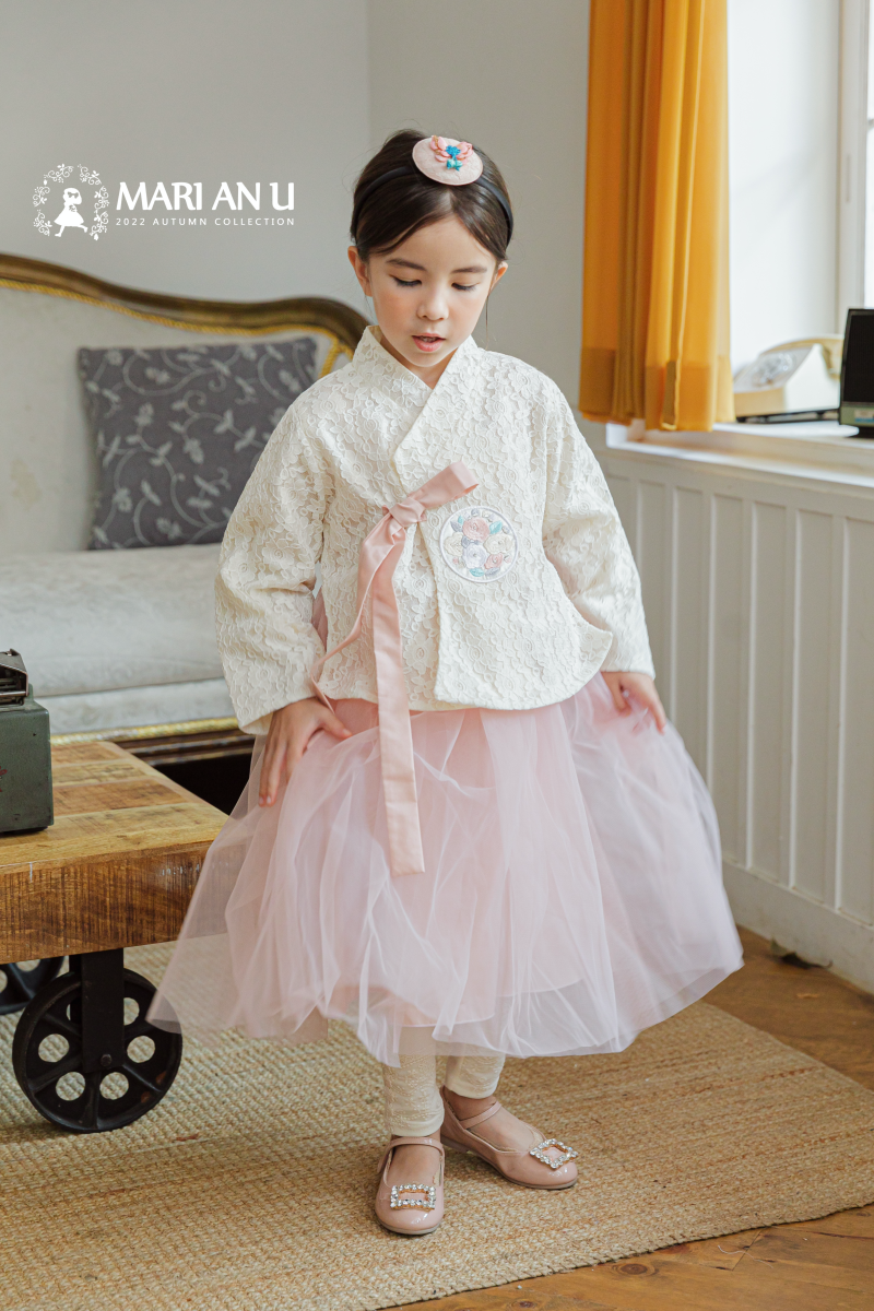 韓國 Mari an u - 兩件式蕾絲雕花網紗韓服-米X粉