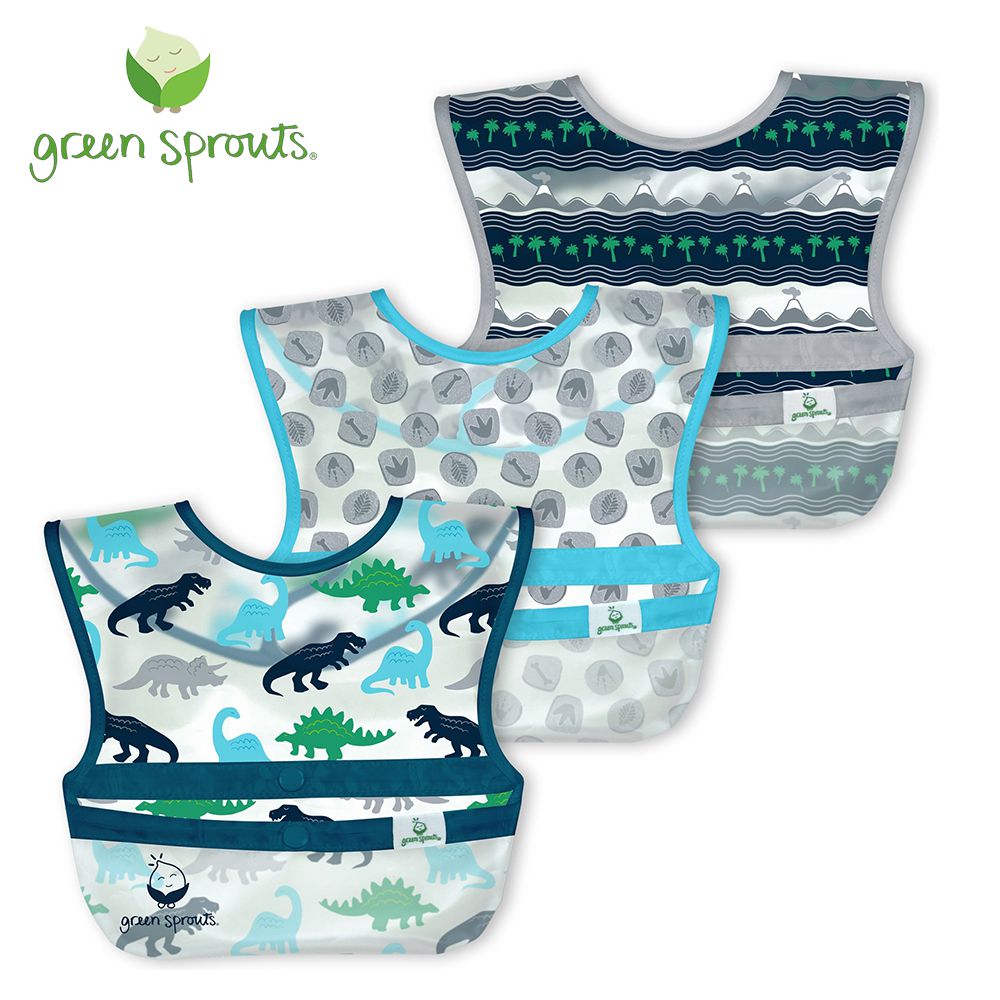 美國 green sprouts 小綠芽 - 短袖圍兜兜(三入)-藍色恐龍-9-18個月