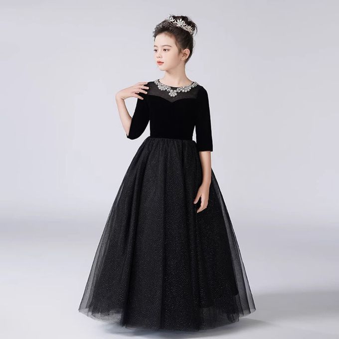 love, charlotte - 赫本風水鑽領口絲絨五分袖撒粉紗裙長禮服 - 黑色