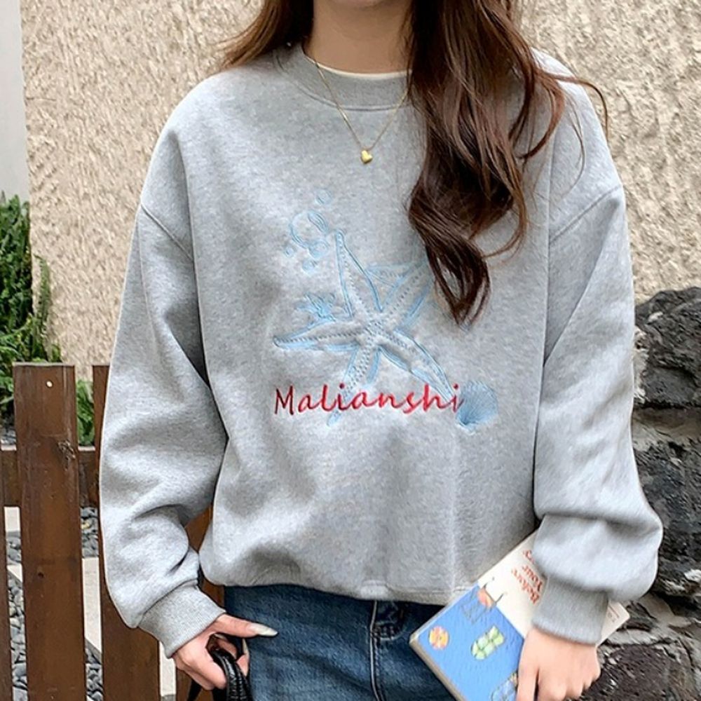 (加絨)長袖大學T-刺繡海星-灰 (F)