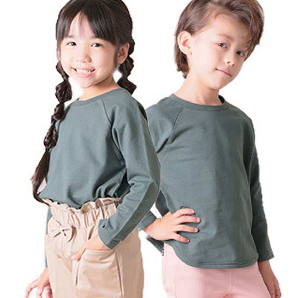 日本 TORIDORY - 純棉圓弧衣襬百搭長袖上衣-素色-灰綠