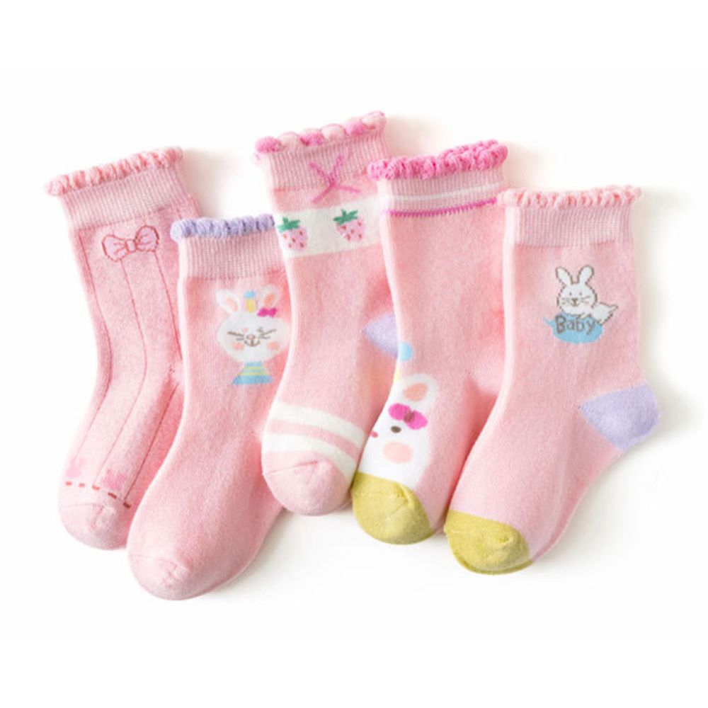 love, charlotte - 粉色草莓小兔子花邊短筒襪 ( 5雙一組）