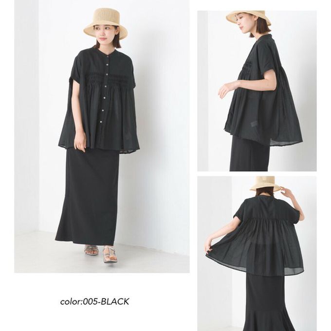 日本 OMNES - 100%印度棉 皺摺傘狀短袖襯衫-白