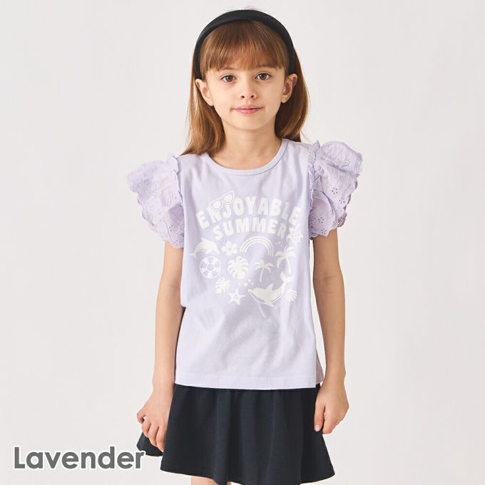 日本 evercloset - 100%棉 蕾絲荷葉邊印花短袖上衣-紫