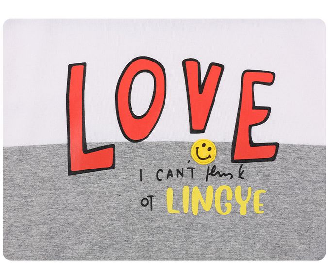 童趣圓領條紋長袖上衣-LOVE-灰色