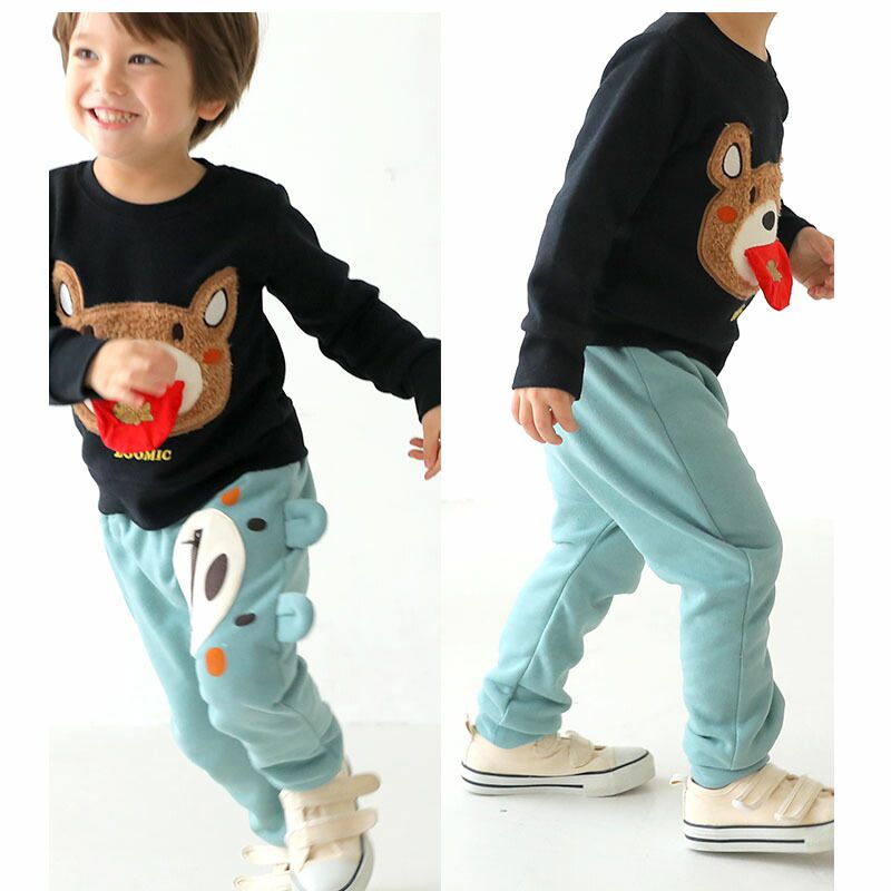 日本 ZOOLAND - 童趣印花保暖休閒長褲-熊熊不想說-黃