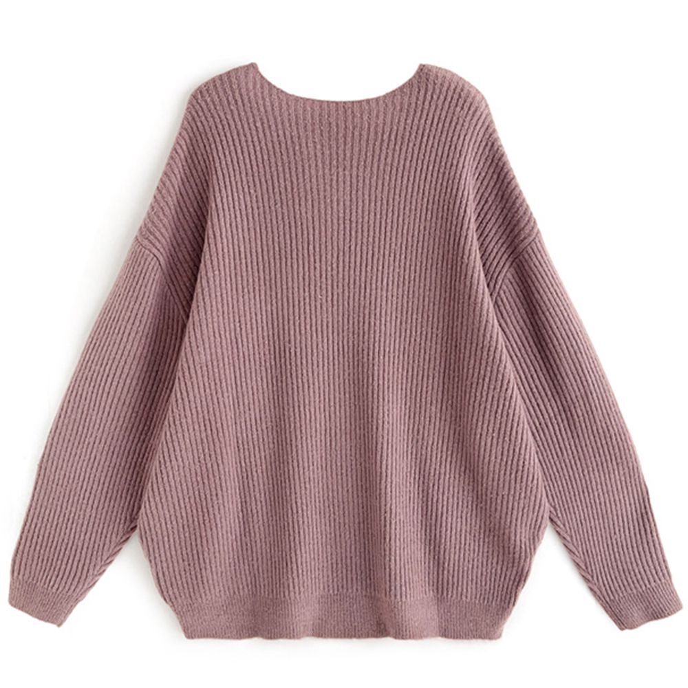 熱銷款 大圓領羅紋修身針織上衣-灰粉 (F)