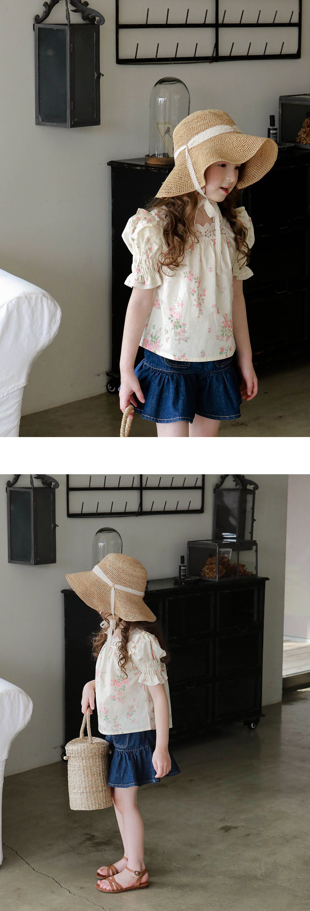 韓國 PuellaFLO - ㄩ字領公主袖花花上衣-米黃