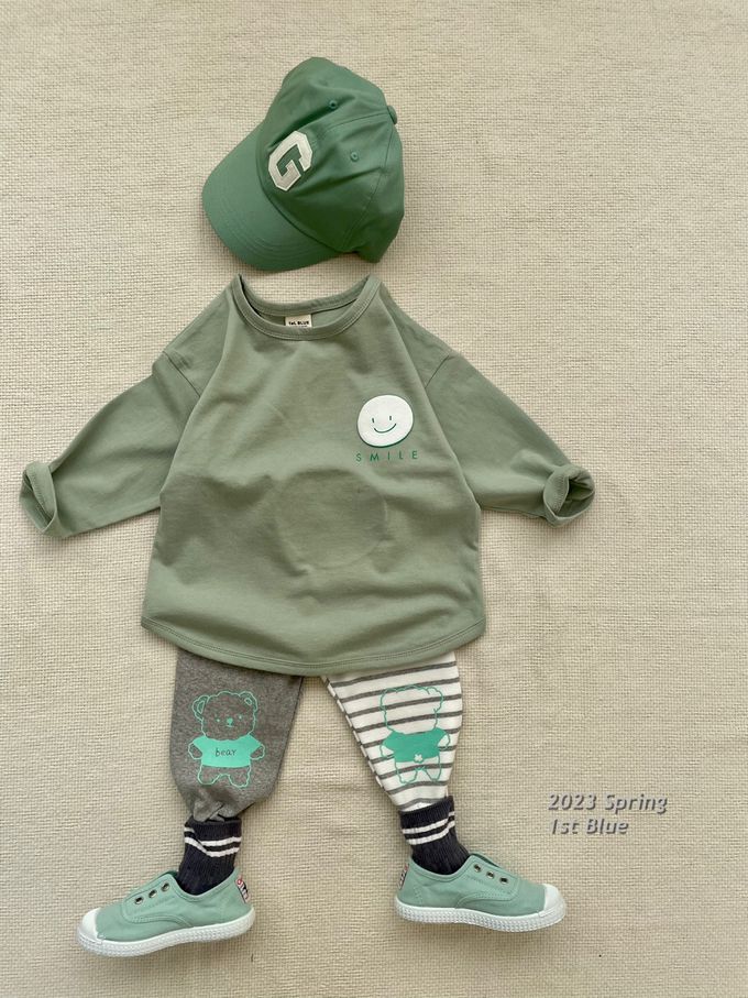 韓國 First Blue - 手繪微笑印長袖上衣-芥黃