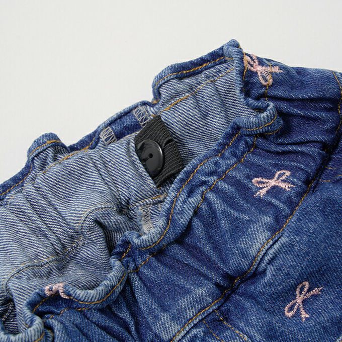 日本 Lycee mine - 甜美刺繡純棉丹寧風褲裙-蝴蝶結-中青