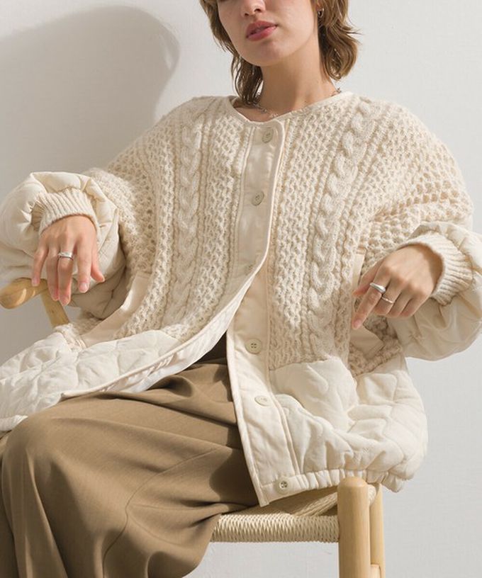 日本 Lupilien - 立體麻花絎縫拼接無領保暖外套-黑