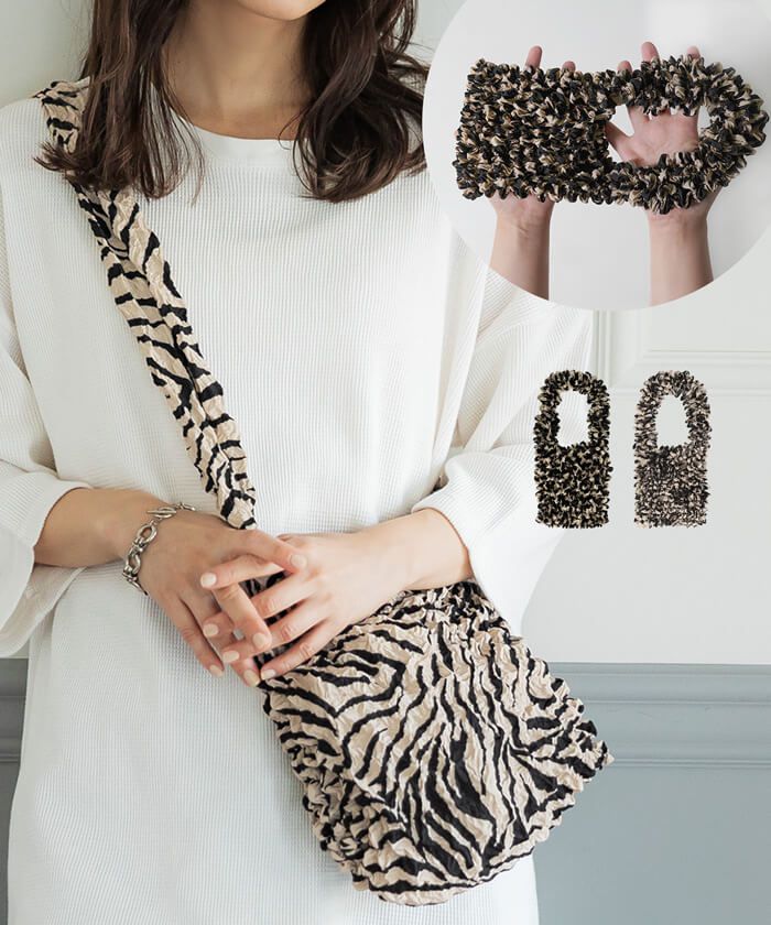 日本 COCA - 泡泡皺褶伸縮容量環保袋-肩背/側背款-斑馬紋