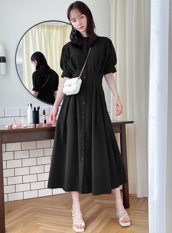 日本 GRL - 文藝氣息泡泡袖排釦洋裝-深藍