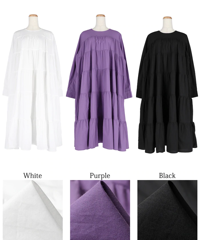 日本 COCA - 純棉氣質超寬鬆A字蛋糕層次長袖洋裝-紫