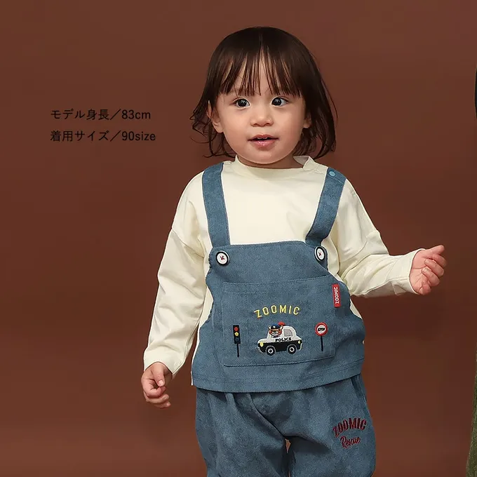 日本 ZOOLAND - 熊熊救援隊 燈芯絨吊帶拼接長袖上衣-警車-白X藍