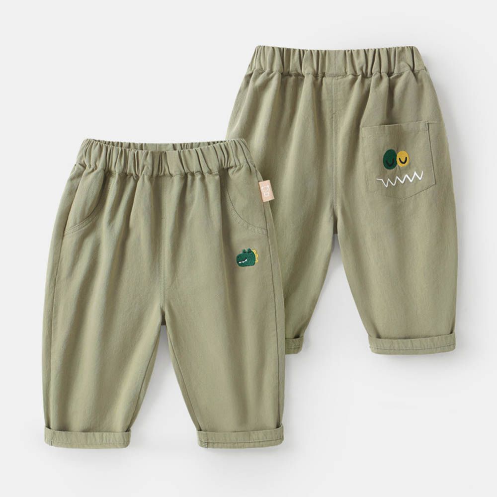 純棉腰鬆緊休閒長褲-後童趣繡花口袋-綠色