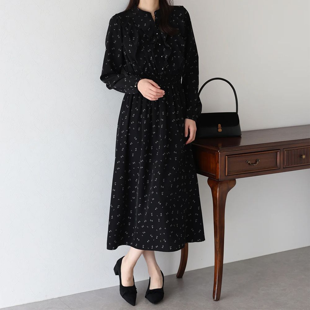 成熟摺邊典雅小花束腰長袖洋裝-黑