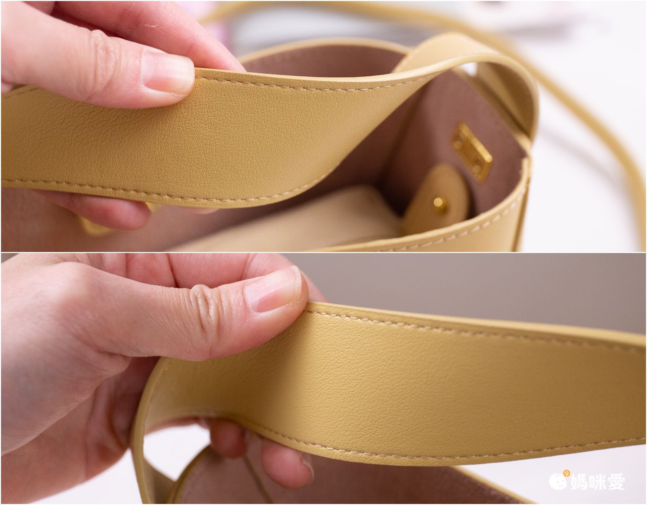 真皮水桶斜挎包-附拉鍊內袋-淺黃色 (21x17x9.5cm)