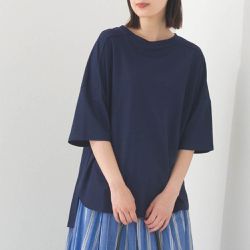 日本 OMNES - 接觸冷感 嫘縈寬版圓領五分袖上衣-海軍藍