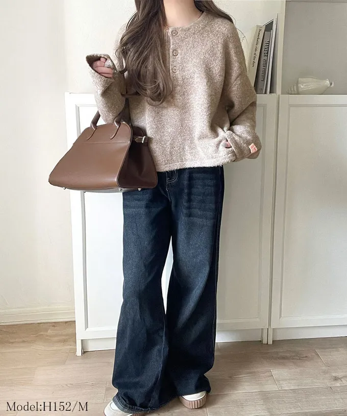 日本 Classical Elf - Java 率性亨利領寬鬆厚針織上衣-墨綠x海軍藍