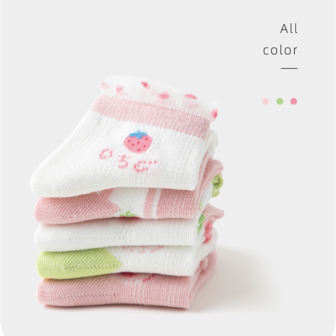 love, charlotte - 花邊可愛草莓粉色網眼短筒襪-5 雙一組