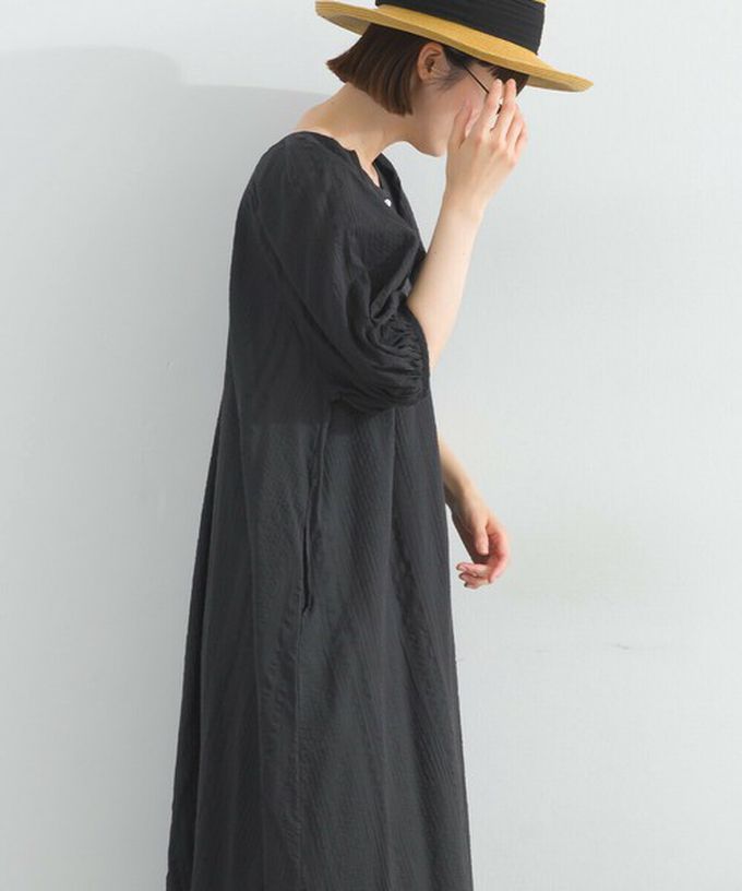 日本 Lupilien - 前後2way 印度棉泡泡袖輕盈洋裝-墨灰條紋