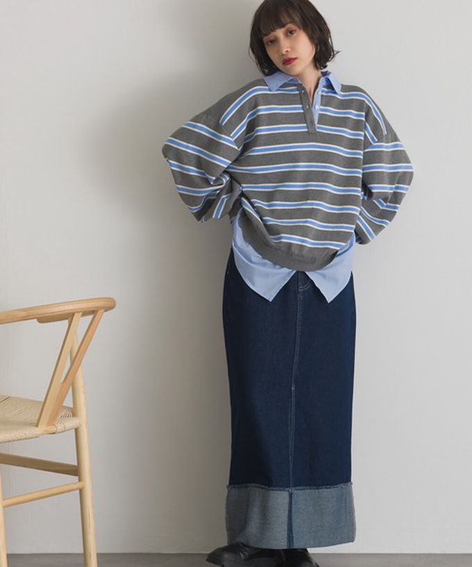 日本 ELENCARE DUE - 假二件襯衫領輕盈落肩長袖上衣-藍灰條紋
