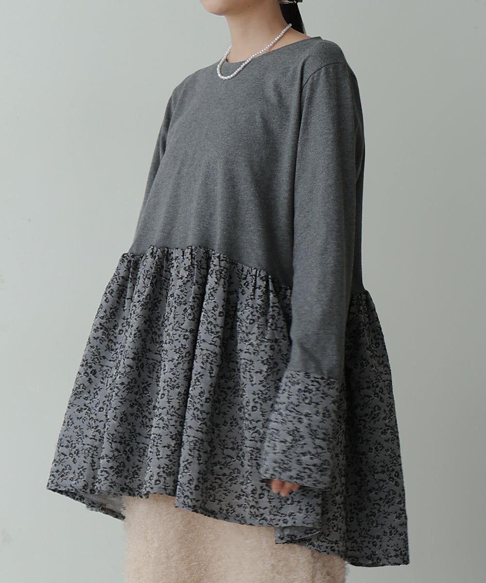 日本 Bab - 優美緹花拼接長袖上衣-水藍